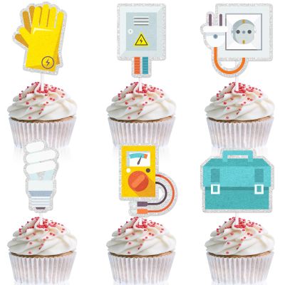 18 Pieces Featured and Funny Electrician Theme Happy Birthday Cupcake Toppers Set - Boys and Girls Birthday Party, Baby Shower Party, Electrician Theme Party Glitter, Electrician Tools Decoration