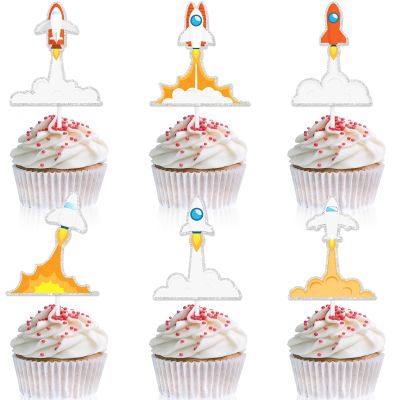 18-Piece Rocket Themed Happy Birthday Cupcake Toppers Set Kids Will Love - Great birthday party, baby shower party, jet themed party decorations for boys and girls - LIANGSS