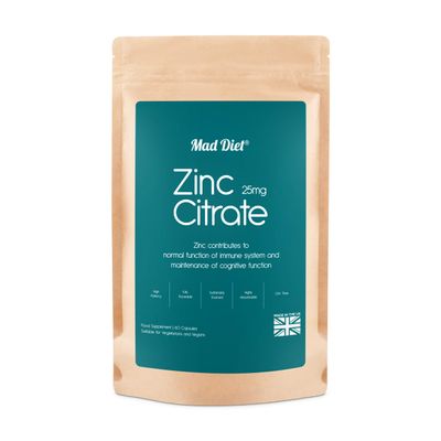 Mad Diet Zinc Citrate | Zero Additives | Practitioner Quality | 25mg Capsules | Locally Sourced | High Bioavailability |Trusted UK Brand | 60 Capsules |Immune Support |Suitable for Vegans and Vegetari