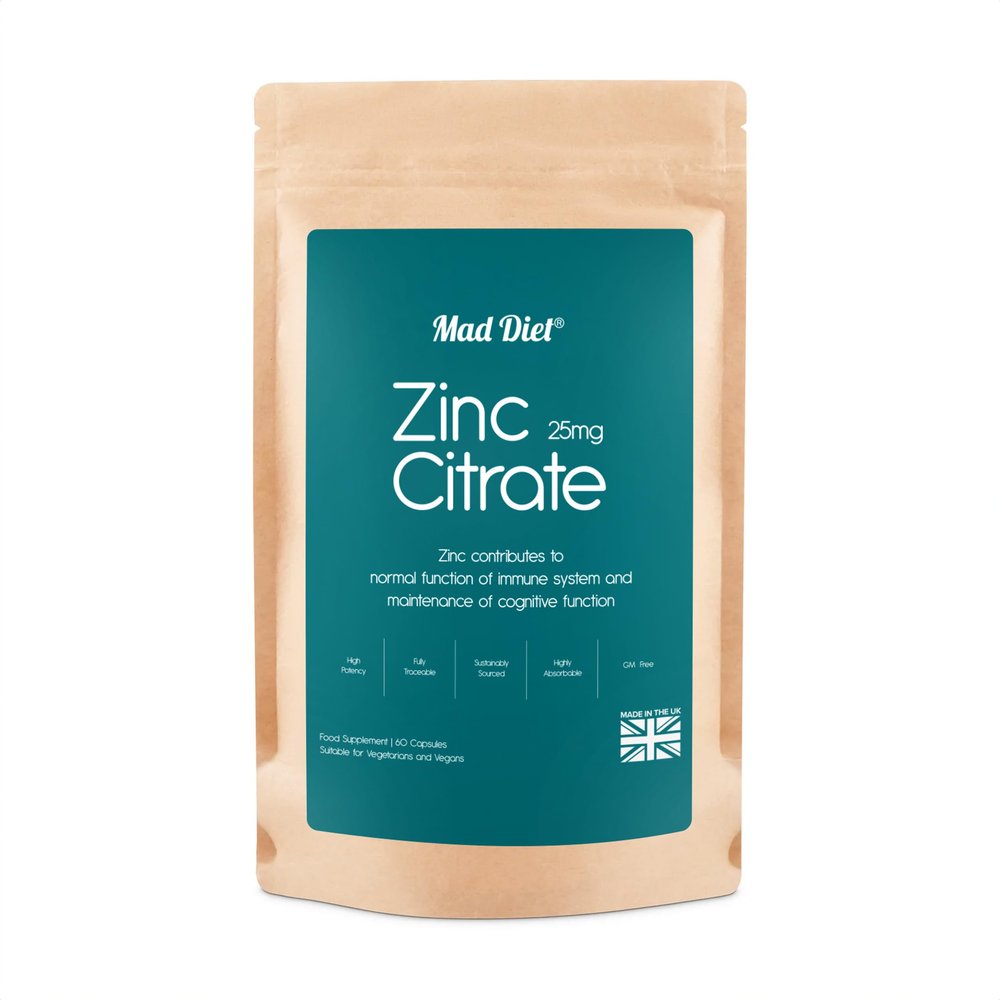 Mad Diet Zinc Citrate | Zero Additives | Practitioner Quality | 25mg Capsules | Locally Sourced | High Bioavailability |Trusted UK Brand | 60 Capsules |Immune Support |Suitable for Vegans and Vegetari