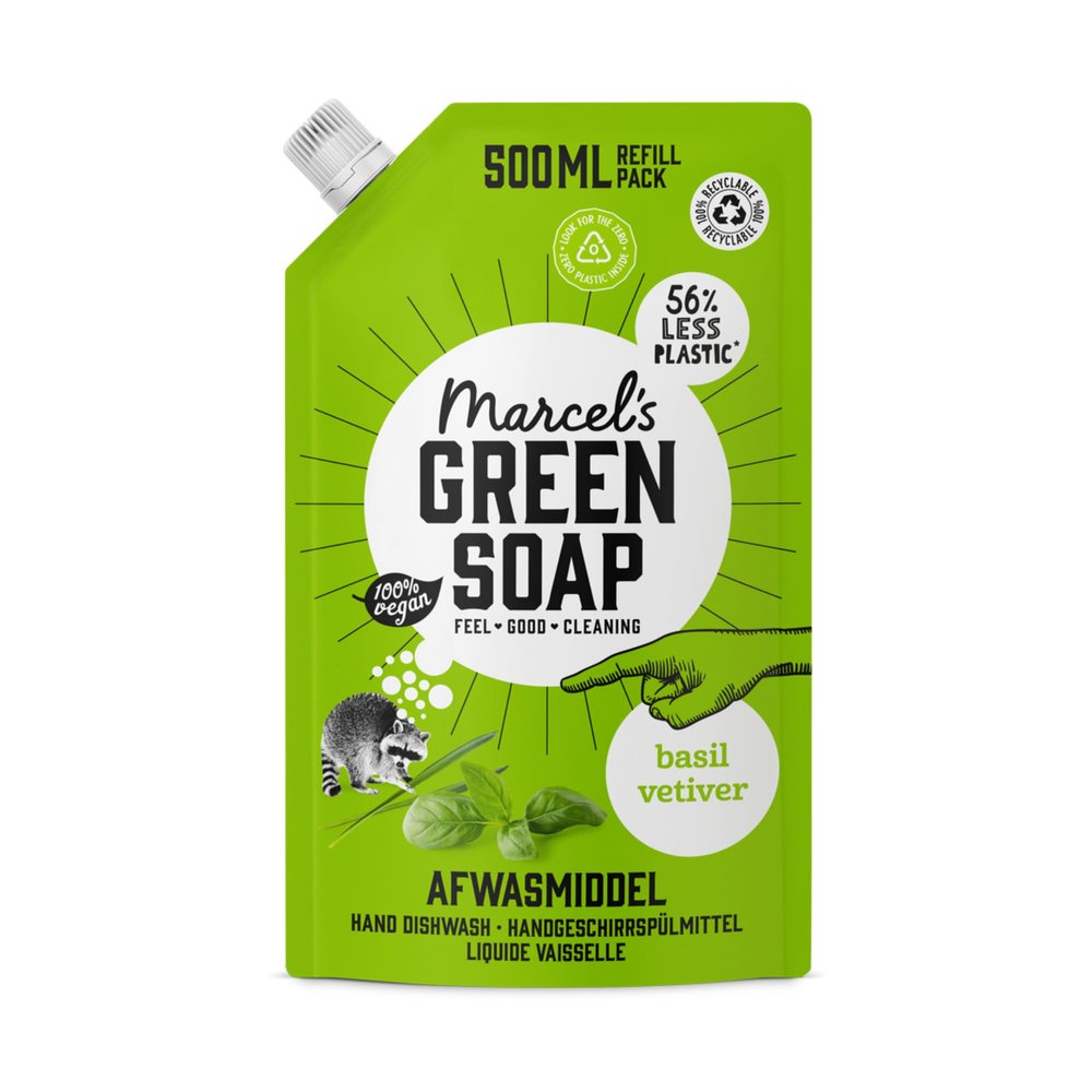 Marcel's Green Soap Washing-up Liquid Refill - Basil & Vetiver - Dishwashing Liquid - Saves 56% of plastic - Eco friendly - Vegan - 97% Biodegradable - 500 ML