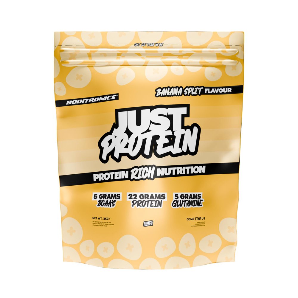 Boditronics 2kg Just Protein - High Protein Powder with 22g Protein at Per 33g Servings with 5g Glutamine and Essential Amino Acid Supplement for Lean Muscle Protein Shake (Banana Split)