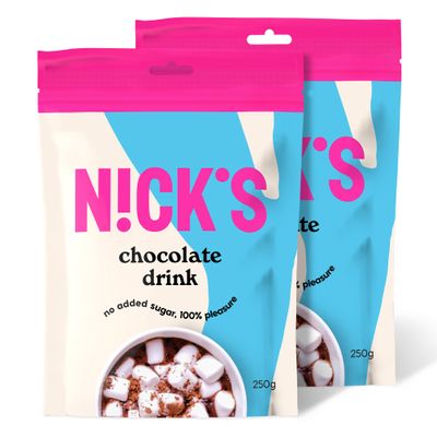 NICKS Chocolate drink, Instant Hot Chocolate Cocoa Powder No Added Sugar, Keto, Dairy Free, Vegan (250 g (Pack of 2))