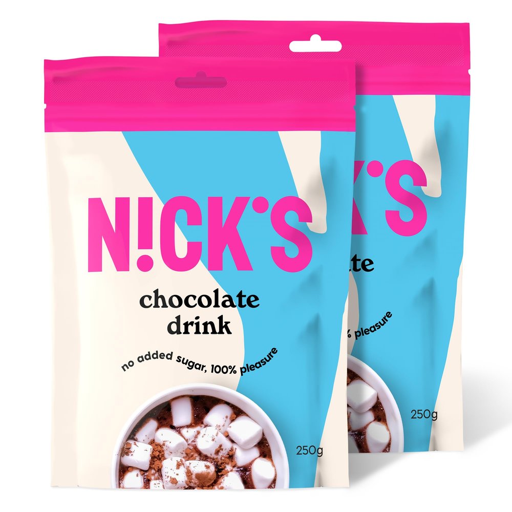 NICKS Chocolate drink, Instant Hot Chocolate Cocoa Powder No Added Sugar, Keto, Dairy Free, Vegan (250 g (Pack of 2))
