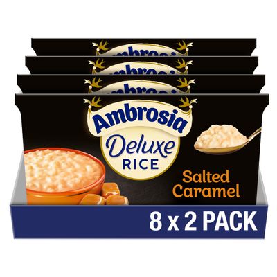 Ambrosia Deluxe Rice Pudding Salted Caramel Flavour, Ready-to-Eat Dessert, Made With West Country Cream, 2 x 110 g (Pack of 8 - Total 16 Pots)