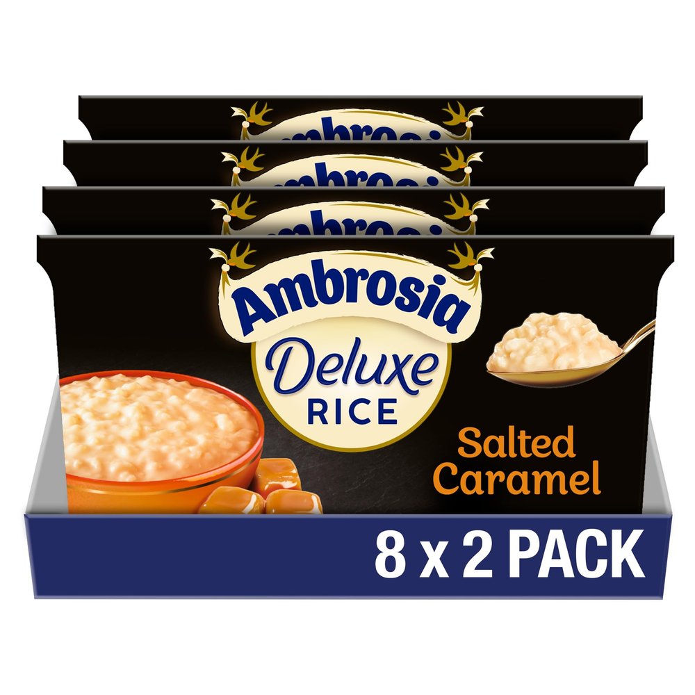 Ambrosia Deluxe Rice Pudding Salted Caramel Flavour, Ready-to-Eat Dessert, Made With West Country Cream, 2 x 110 g (Pack of 8 - Total 16 Pots)