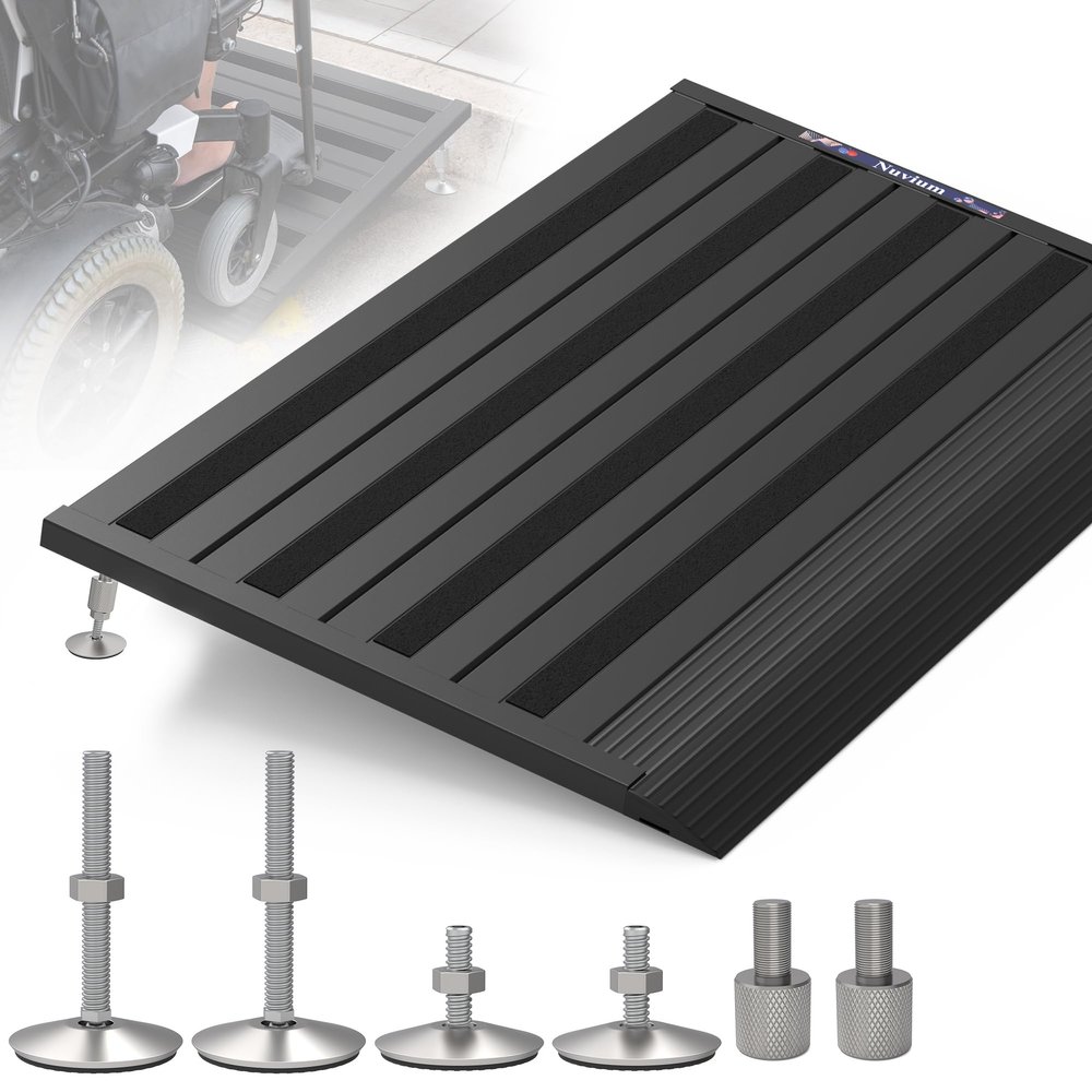 Nuvium Threshold Ramp for Doorways, Adjustable Height 2.6"-6" Aluminum Wheelchair Ramp with Heightening Screws and Swivel Angle Leg, 1100lbs Load Capacity, 22Wide Curb Ramp for Trolley,Power Chairs