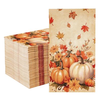 100 Pcs Fall Napkins Thanksgiving Guest Napkins Pumpkins Autumn Leaves Paper Napkins, 3 Ply Disposable Autumn Paper Towels for Fall Thanksgiving Party Supplies Table Decorations Bathroom Kitchen Home