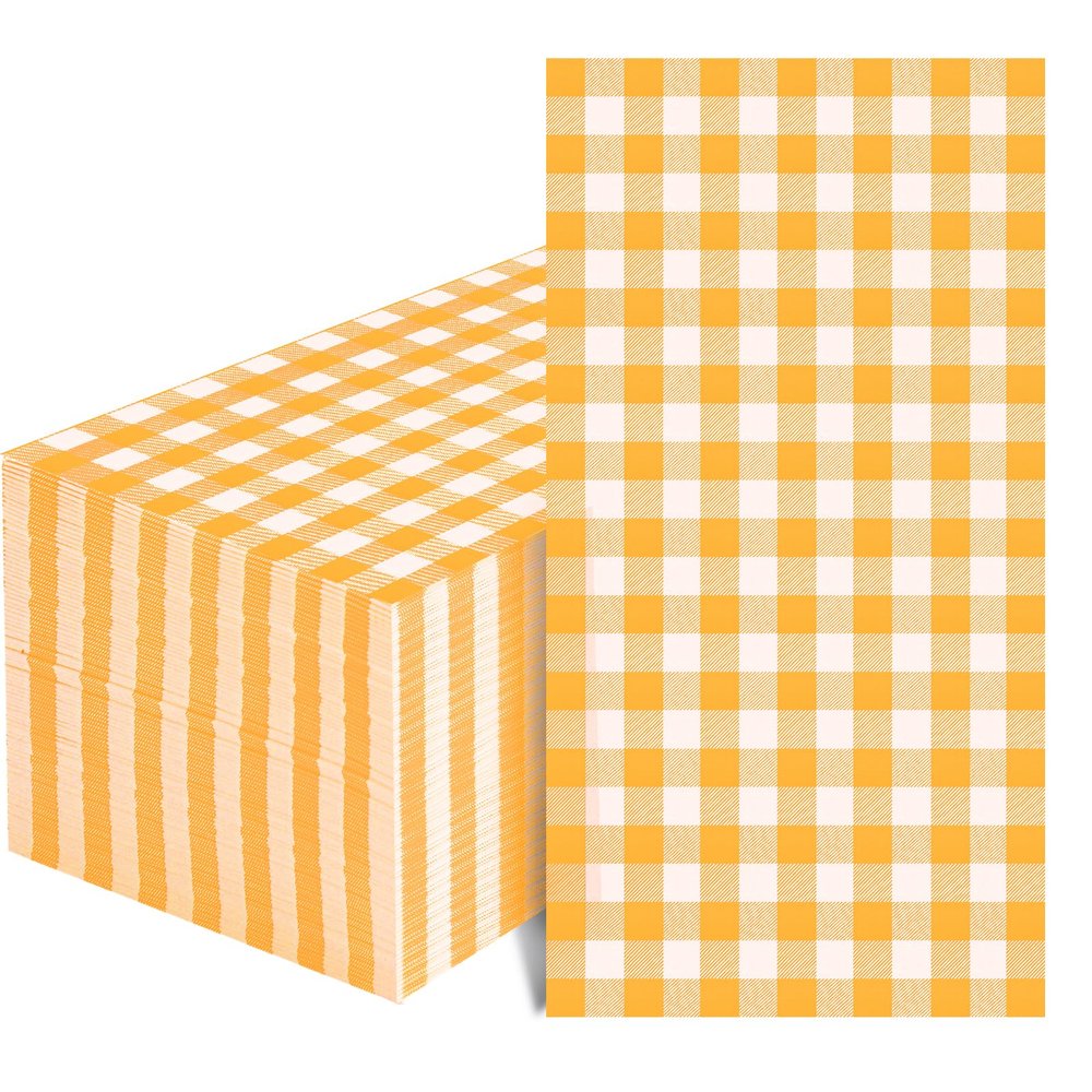 100 Pcs Orange Gingham Napkins Disposable - Orange and White Checkered Paper Napkins - Plaid Dinner Napkins for Birthday Picnic Wedding Party Supplies