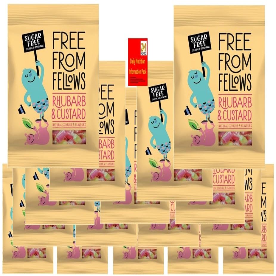 Sugar Free Sweets, Gluten & Gelatine Free, Vegan Free from Fellows Rhubarb Custard, Value Pack Sugarless Kids Super Snack, Delicious Healthy Diabetic Candies 70g (Pack of 16, Rhubard)