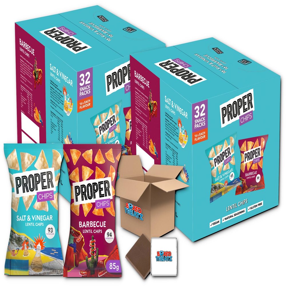 Proper Chips Gluten Free Lentil Crisps Multipack - Pack of 2 x 32 Vegan BBQ & Salt Vinegar Low Calorie Snack Box Healthy Snacks for Kids Lunch Box, Birthday Party Food, Movie Night Boxed Treatz