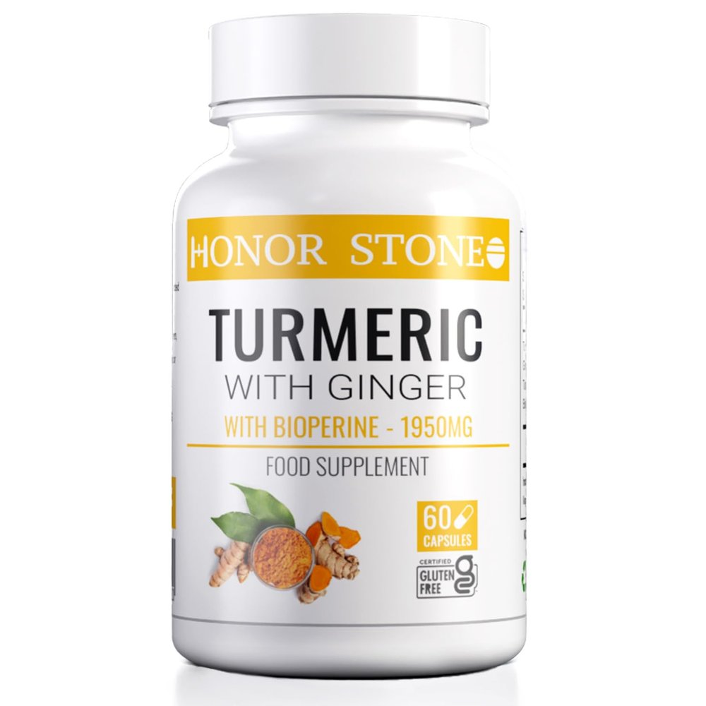 Honor Stone - Turmeric Capsules with Ginger & Black Pepper  1950mg High Strength 95% Curcuminoids, Curcumin  Joint Support & Inflammation Supplement  Vegan, Gluten Free  60 Capsules (not Tablets)