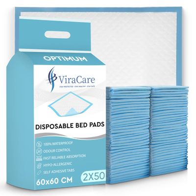 100 x Incontinence Bed Pads | 60 x 60 cm | Incontinence Bed Sheets | Disposable Mattress Protector | Self Adhesive Tabs | Absorbent Pads | (2 Packs of 50)