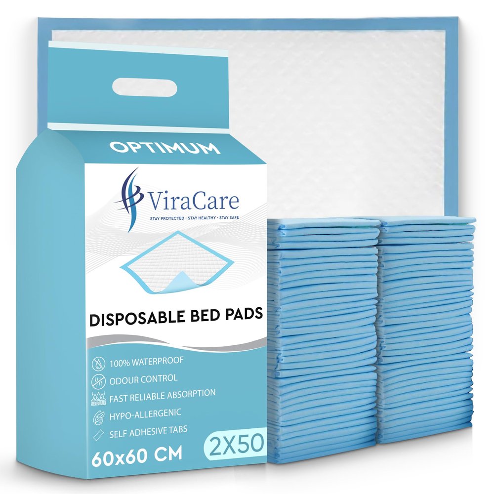 100 x Incontinence Bed Pads | 60 x 60 cm | Incontinence Bed Sheets | Disposable Mattress Protector | Self Adhesive Tabs | Absorbent Pads | (2 Packs of 50)