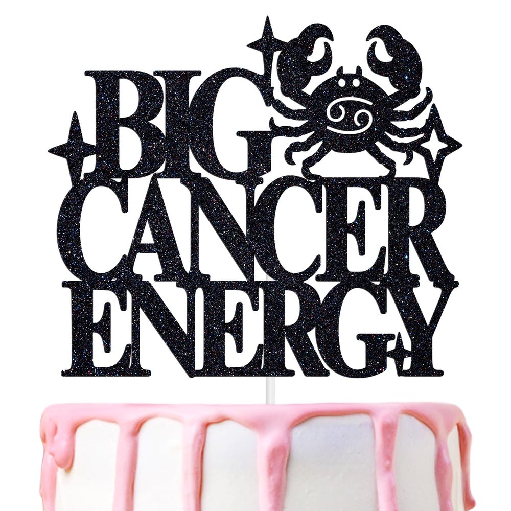 Big Cancer Energy Cake Topper, Happy Birthday Cancer in June/July, Cancer Season, 12 Zodiac Constellation Theme Birthday Party Decoration Supplies for Men Women, Black Glitter