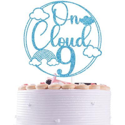 Baby Blue Glitter On Cloud 9 Cake Topper, Happy 9th birthday/Cheers to 9 Years, Hello 9 Rainbow Cloud Themed 9th Birthday Party Decorations Supplies