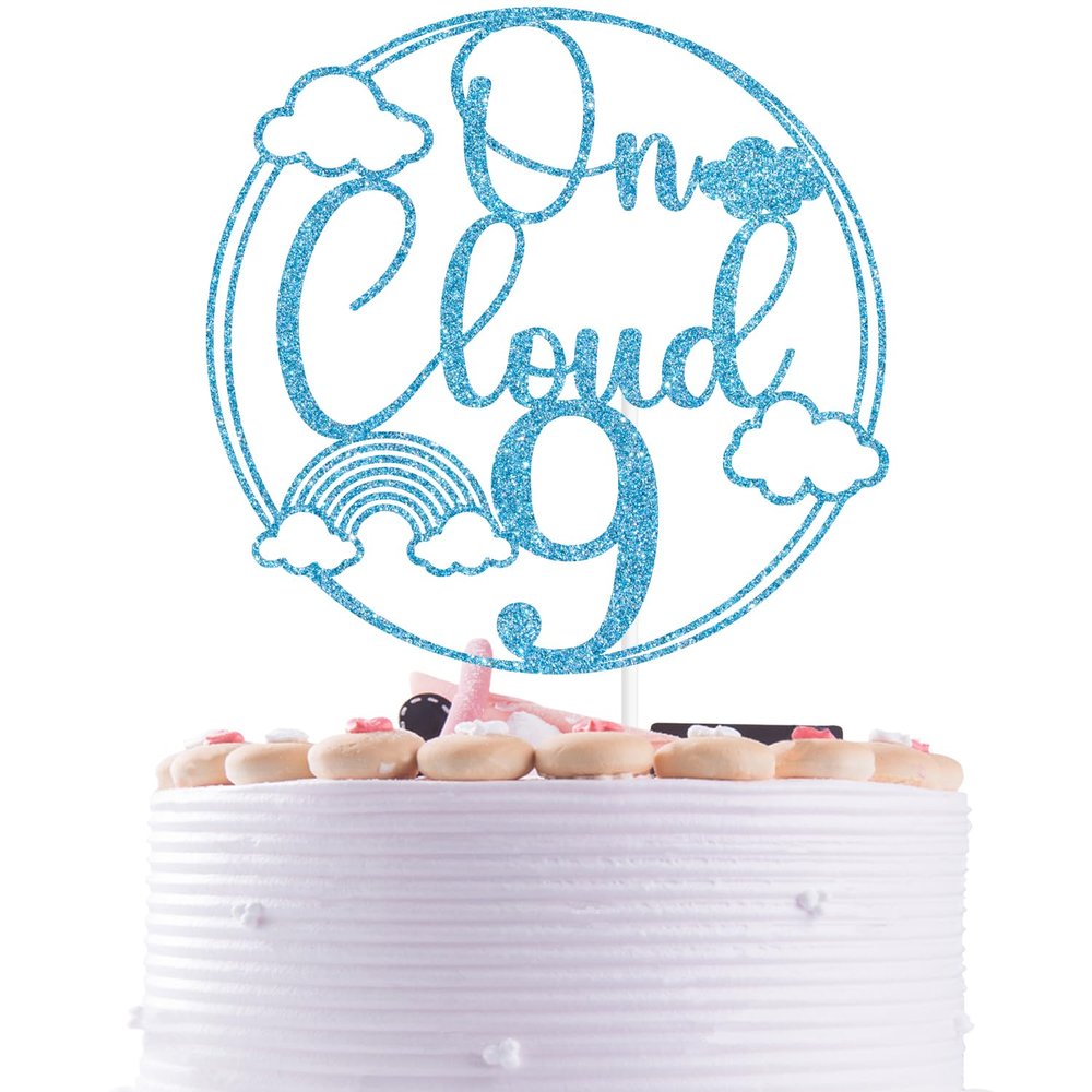 Baby Blue Glitter On Cloud 9 Cake Topper, Happy 9th birthday/Cheers to 9 Years, Hello 9 Rainbow Cloud Themed 9th Birthday Party Decorations Supplies