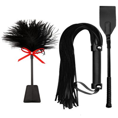 Black BDSM Flogger, Feather Crop & Spanking Paddle Set - Adult Play Collection