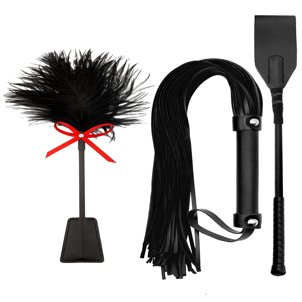 Black BDSM Flogger, Feather Crop & Spanking Paddle Set - Adult Play Collection