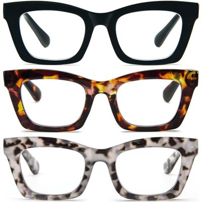 MMOWW 3 Pack Oversized Reading Glasses for Women Square Frame Fashion Style Readers Blue Light Blocking Reading Glasses (3 Packs, +1.0)