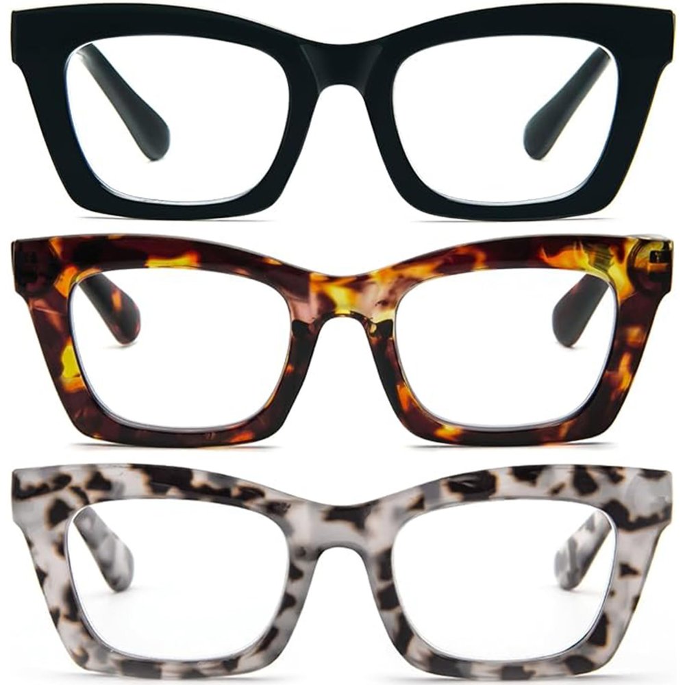 MMOWW 3 Pack Oversized Reading Glasses for Women Square Frame Fashion Style Readers Blue Light Blocking Reading Glasses (3 Packs, +1.0)