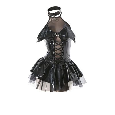 Asudaro Cosplay PU Leather Short Dress, Devil Girl Sexy Outfit Perspective Lingerie Costume for Women