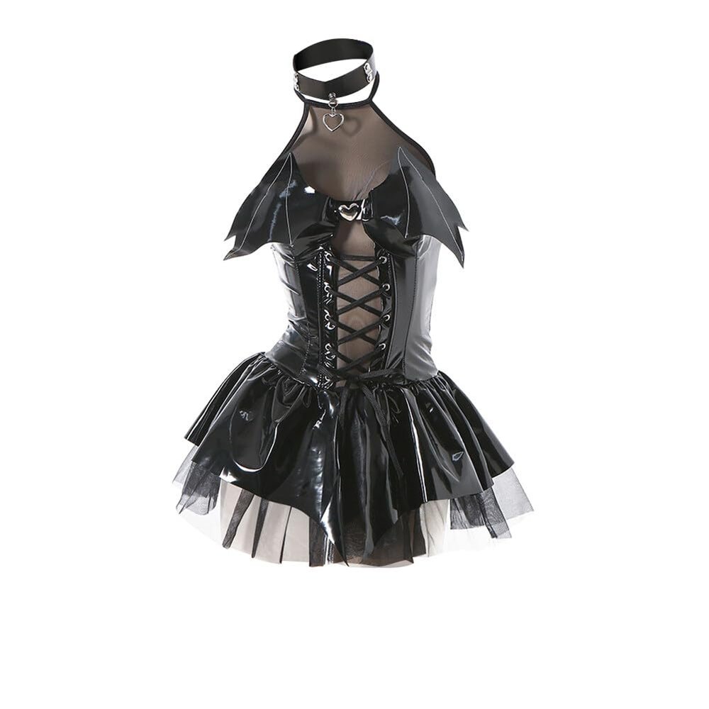 Asudaro Cosplay PU Leather Short Dress, Devil Girl Sexy Outfit Perspective Lingerie Costume for Women
