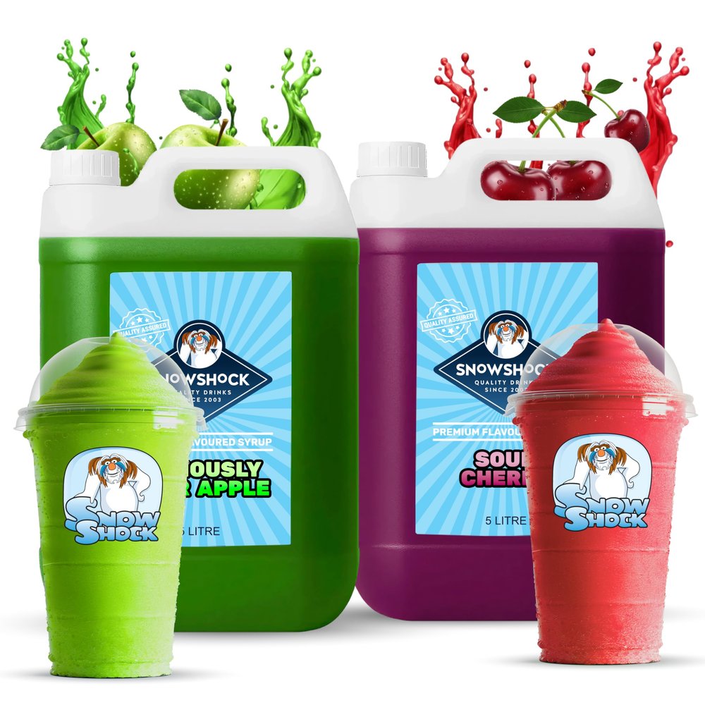SnowShock Slush Syrup 5L Sour Apple & Sour Cherry 2x Pack | Slushy Concentrate Dilute for Ice Slushie Machine | Refreshing Frozen Drink Mix for Kids Parties, Cafes, Events & Food Vans | Vegan