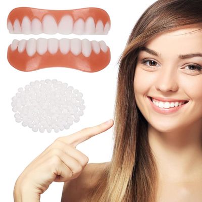 Dazzluxe 2 Pairs Dentures Cosmetic Veneer False Teeth, Temporary Veneers White Snap on False Teeth for Women Men, Protect Your Teeth And Regain Confident Smile