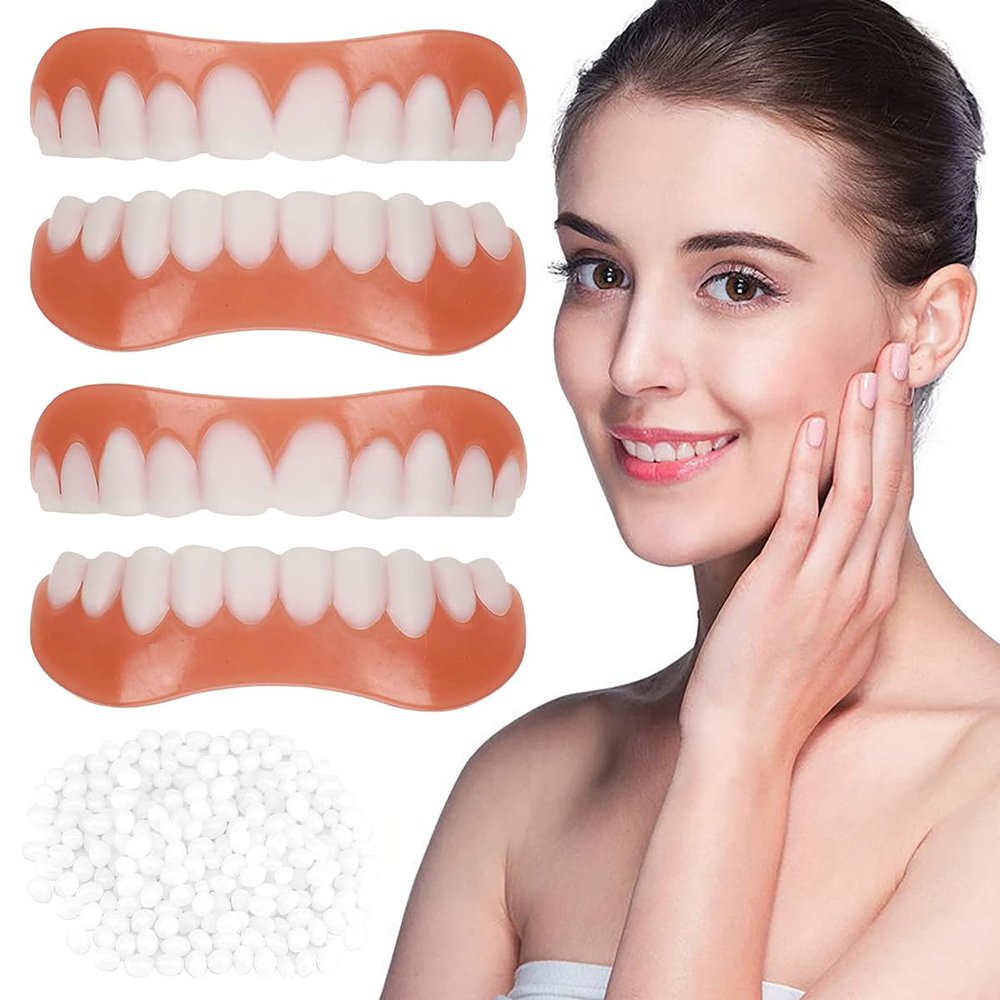 Dazzluxe 2 Pairs Instant Veneers Dentures, Comfort Fit Upper And Lower Teeth Veneers, Temporary Cosmetic Fake Teeth for Men Women Cover Missing Teeth