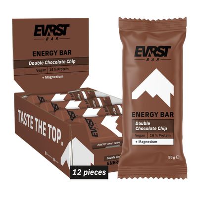EVRST Energy Double Chocolate Chip, 12 x 55g, 8.8g Protein, Rich in Magnesium, 12 Bars Per Case