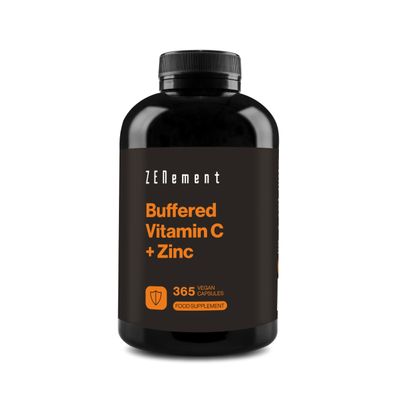 Buffered Vitamin C with Zinc Bisglycinate - 1000 mg Vitamin C + 10 mg Elemental Zinc per Daily Serving (2 Capsules) - Neutral pH, Gentle on The Stomach - for The Immune System - Vegan