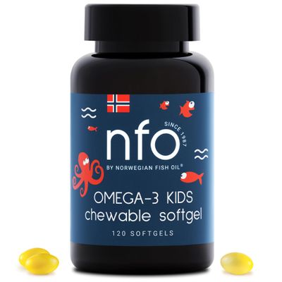 NFO Omega 3 Kids [120 Chewable Mini Softgel Fish Gelatin Capsules] Omega 3 for Kids High Strength Natural Norwegian Fish Oil with EPA & DHA in TG Form, Tutti-Frutti Flavour, with Vitamins D3, A, C, E