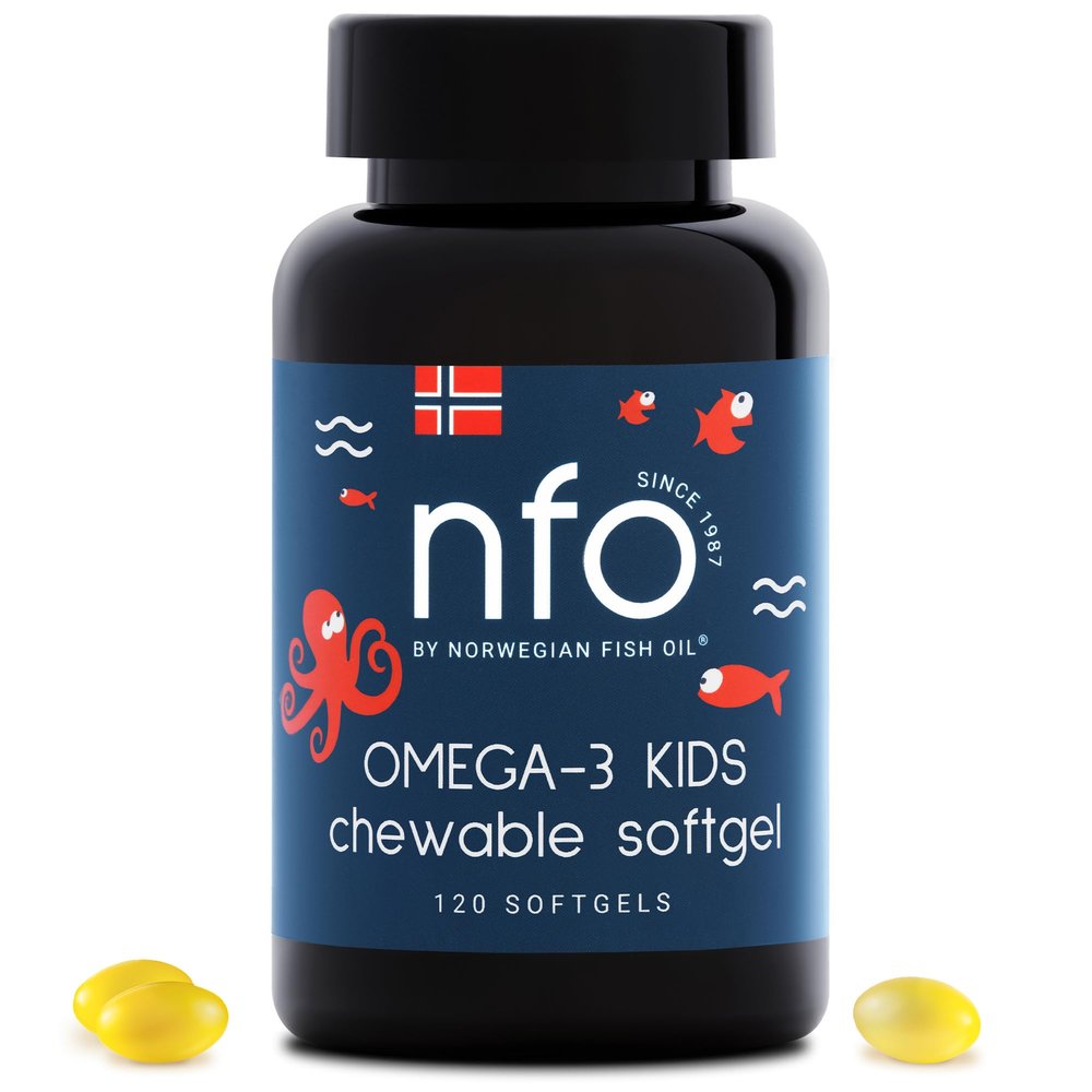 NFO Omega 3 Kids [120 Chewable Mini Softgel Fish Gelatin Capsules] Omega 3 for Kids High Strength Natural Norwegian Fish Oil with EPA & DHA in TG Form, Tutti-Frutti Flavour, with Vitamins D3, A, C, E