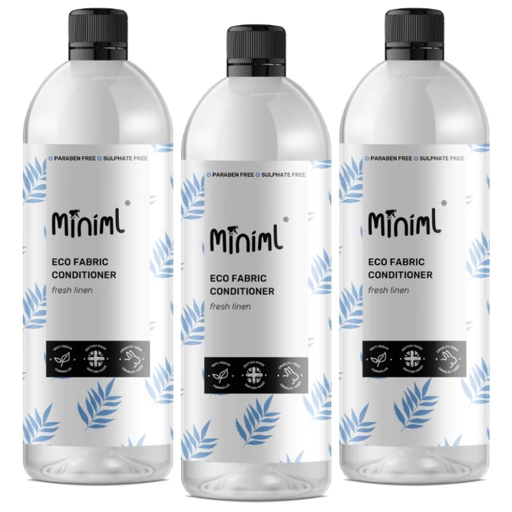Miniml Eco Fabric Softener Conditioner- 3x 1L Bottles - Fresh Linen Scented All Natural Fabric Softener for Sensitive Skin - 100% Vegan & Cruelty Free (100 Washes)