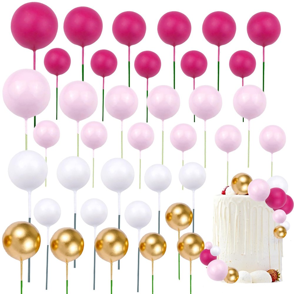 48 Pcs Ball Cake Topper Decorations Princess Cake for Happy Birthday Party Wedding Supplies (Pink Gold)