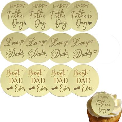 12 Pcs Happy Fathers Day Cupcake Topper, Fathers Day Round Cake Topper, Cake Engraved Discs, Acrylic Cupcake Decorations for Father's Day Baking Dessert Dcor