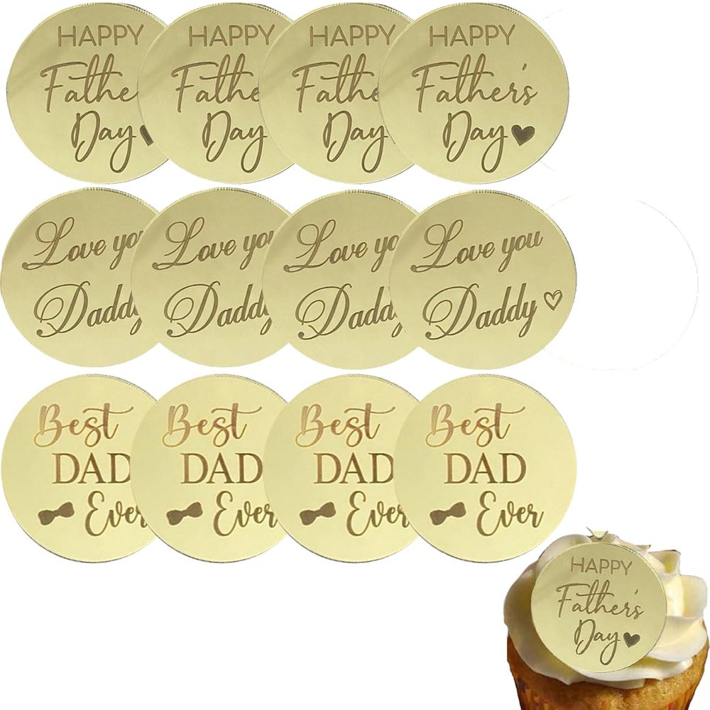 12 Pcs Happy Fathers Day Cupcake Topper, Fathers Day Round Cake Topper, Cake Engraved Discs, Acrylic Cupcake Decorations for Father's Day Baking Dessert Dcor