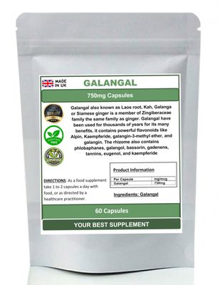 Galangal Capsules 750mg 100% Natural Pure no additives (High Strength) (60)