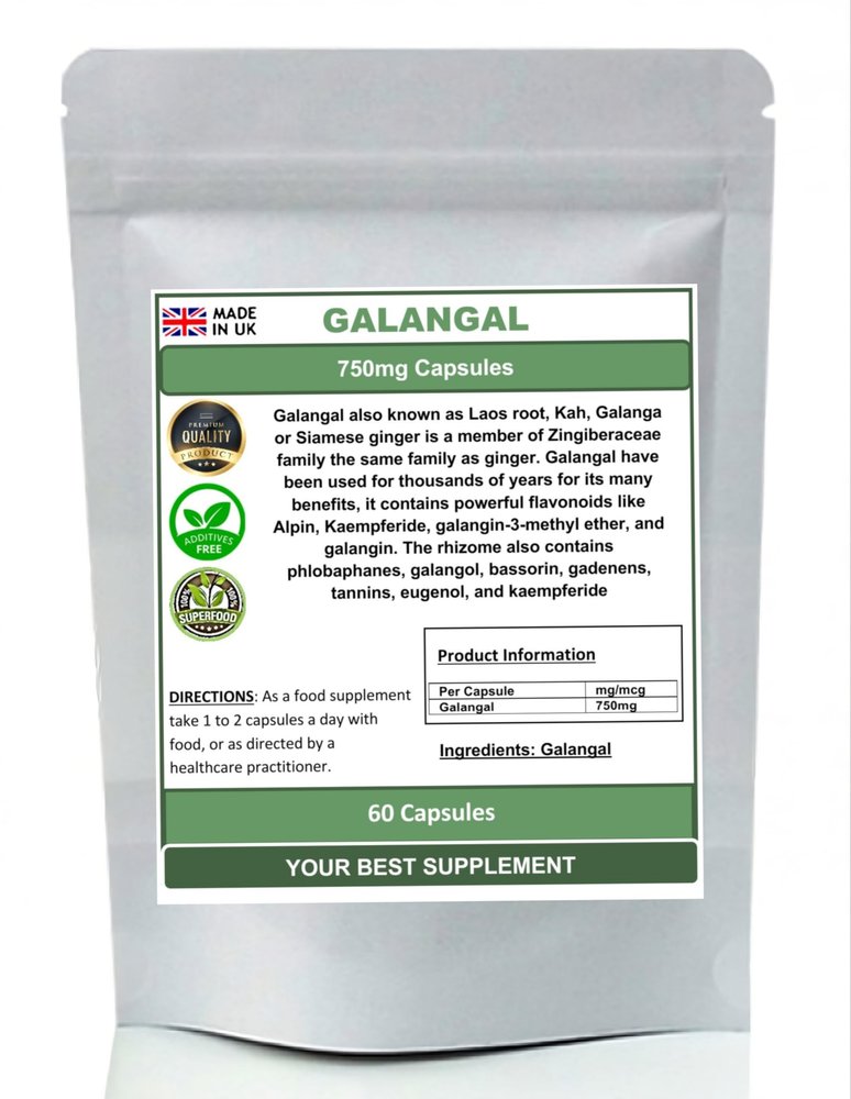 Galangal Capsules 750mg 100% Natural Pure no additives (High Strength) (60)