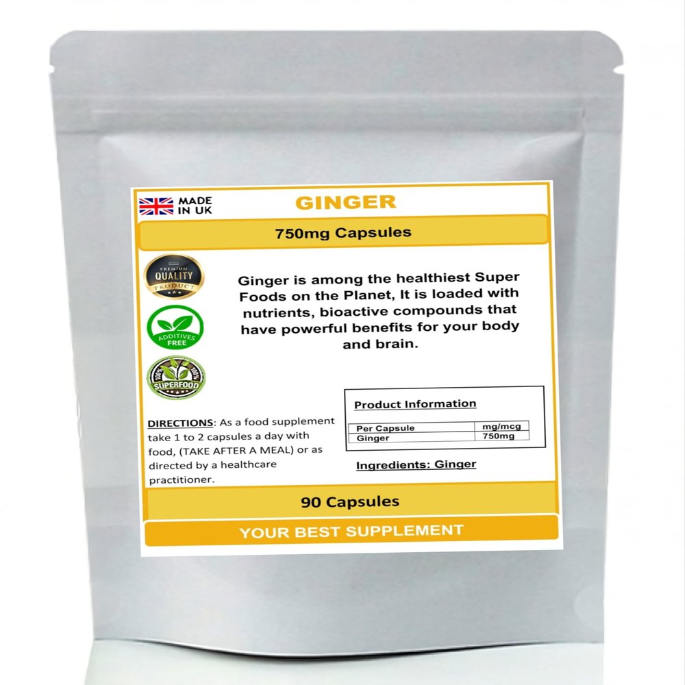 Ginger Root Capsules 750mg 100% Pure (High Strength Supplement) (90)
