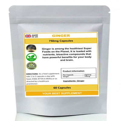 Ginger Root Capsules 750mg 100% Pure (High Strength Supplement) (60)