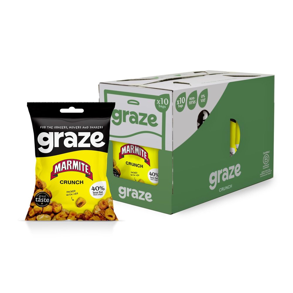 Graze - Marmite Crunchy Snacks - Vegan Lunchbox Snacks- Healthy Alternative to Crisps - Perfect If you Love Corn, Broad Beans and Corn Hoops - 35g x 10 bags