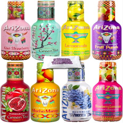 Arizona Tea Mix Bundle - 8 Flavours | Blueberry White Tea, Fruit Punch, Kiwi Strawberry, Watermelon + More | PACK OF 6x500ml MIX 1pc Each - 6 Flavours Boxed Treatz