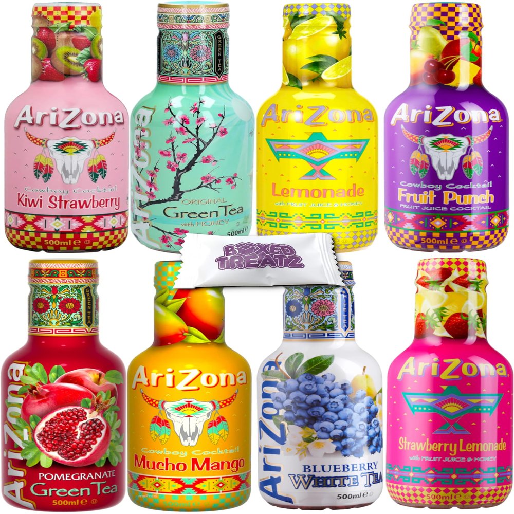 Arizona Tea Mix Bundle - 8 Flavours | Blueberry White Tea, Fruit Punch, Kiwi Strawberry, Watermelon + More | PACK OF 6x500ml MIX 1pc Each - 6 Flavours Boxed Treatz