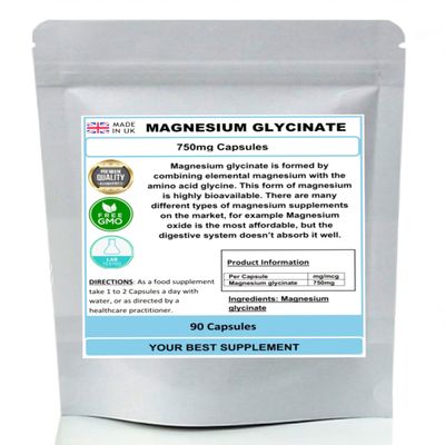 Magnesium Glycinate Capsules 750mg (High Strength) Premium Quality, No Fillers (30)