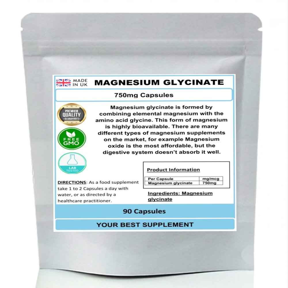 Magnesium Glycinate Capsules 750mg (High Strength) Premium Quality, No Fillers (30)