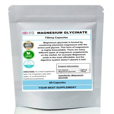 Magnesium Glycinate Capsules 750mg (High Strength) Premium Quality, No Fillers (120)