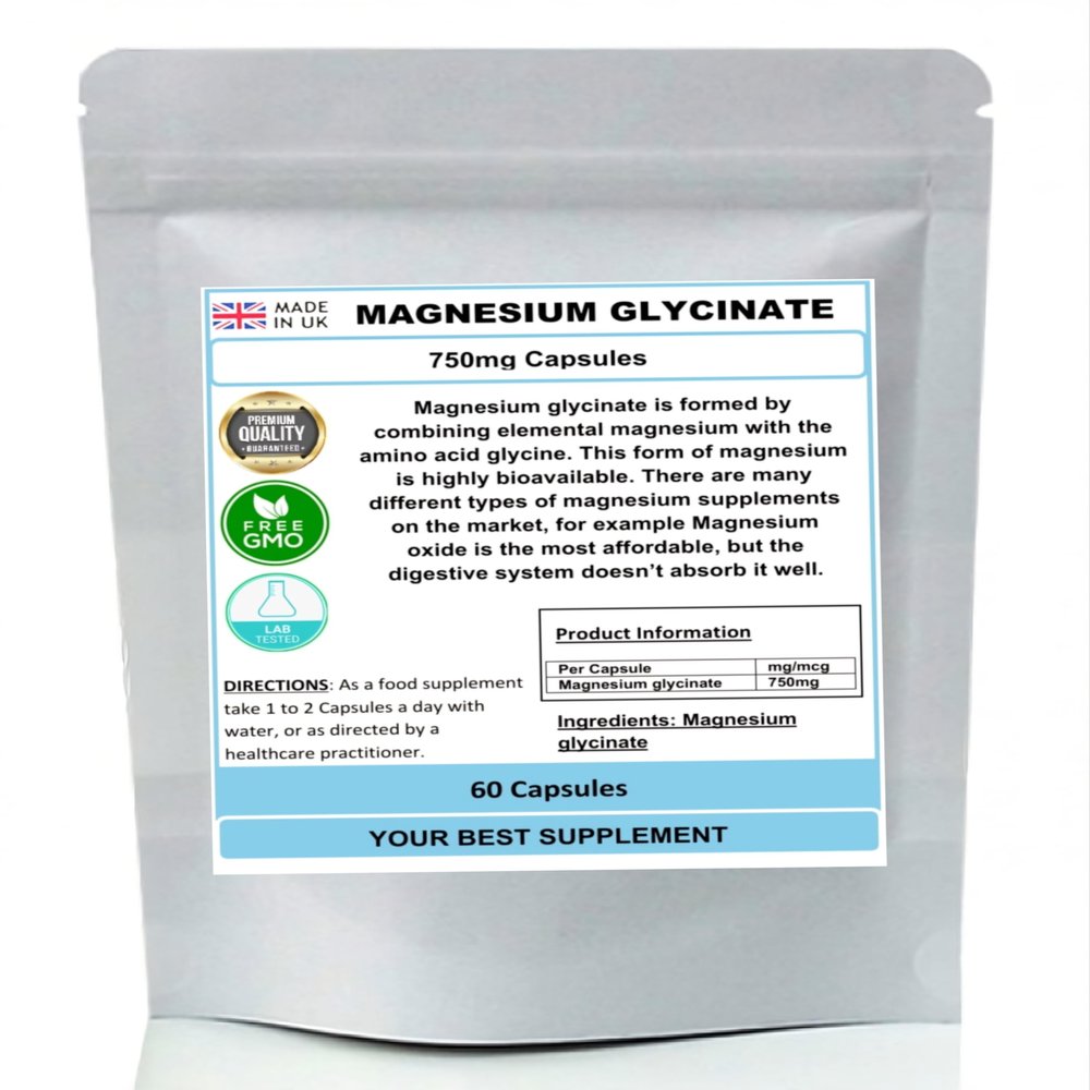 Magnesium Glycinate Capsules 750mg (High Strength) Premium Quality, No Fillers (120)
