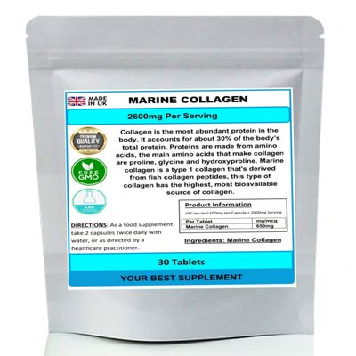 Marine Collagen Capsules 2600mg Hydrolysed Type 1 (High Strength) Pure NoFillers (30)